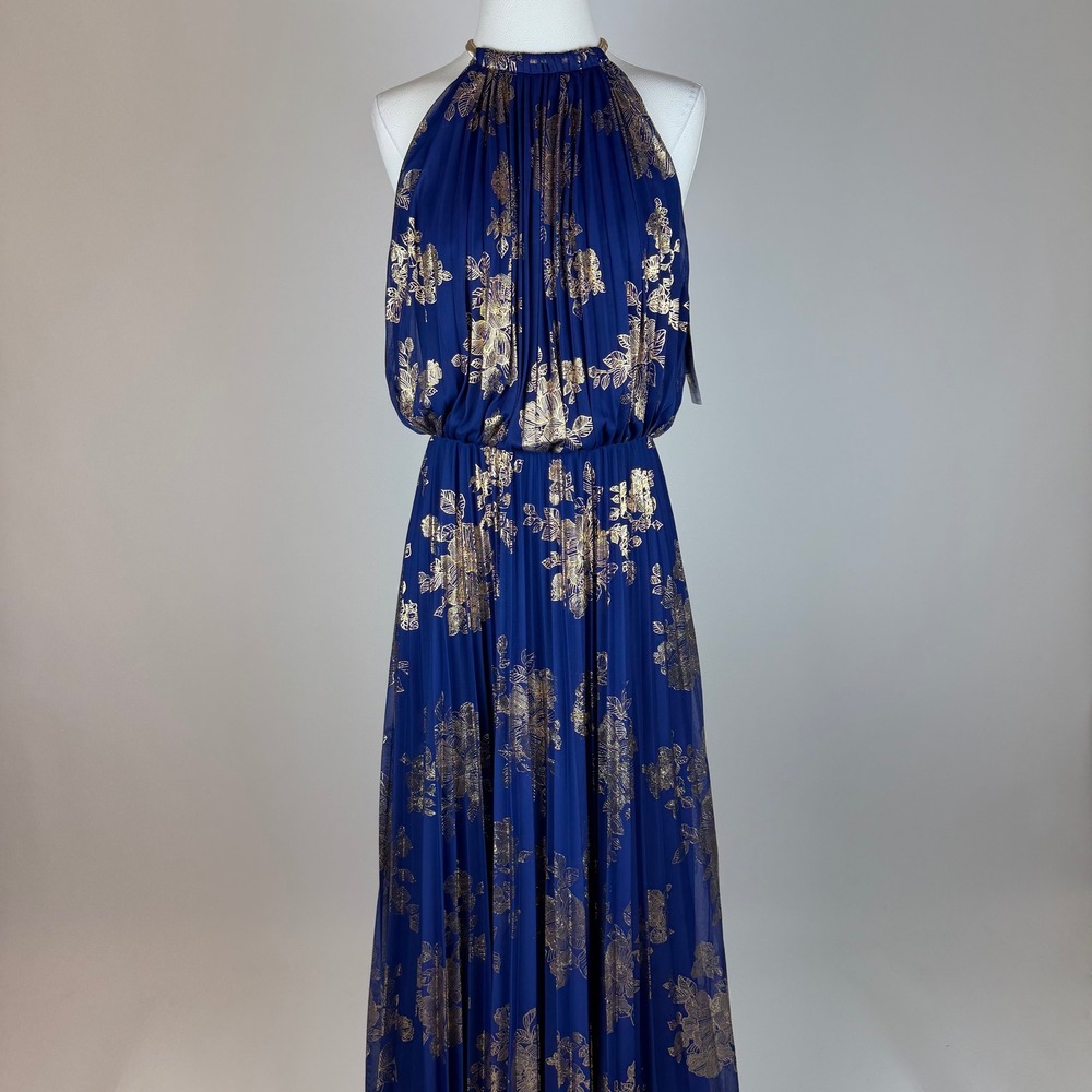 NWT MSK Cobalt Blue Gold Metallic Floral Halter Maxi Dress Pleated Sz 8 Blouson